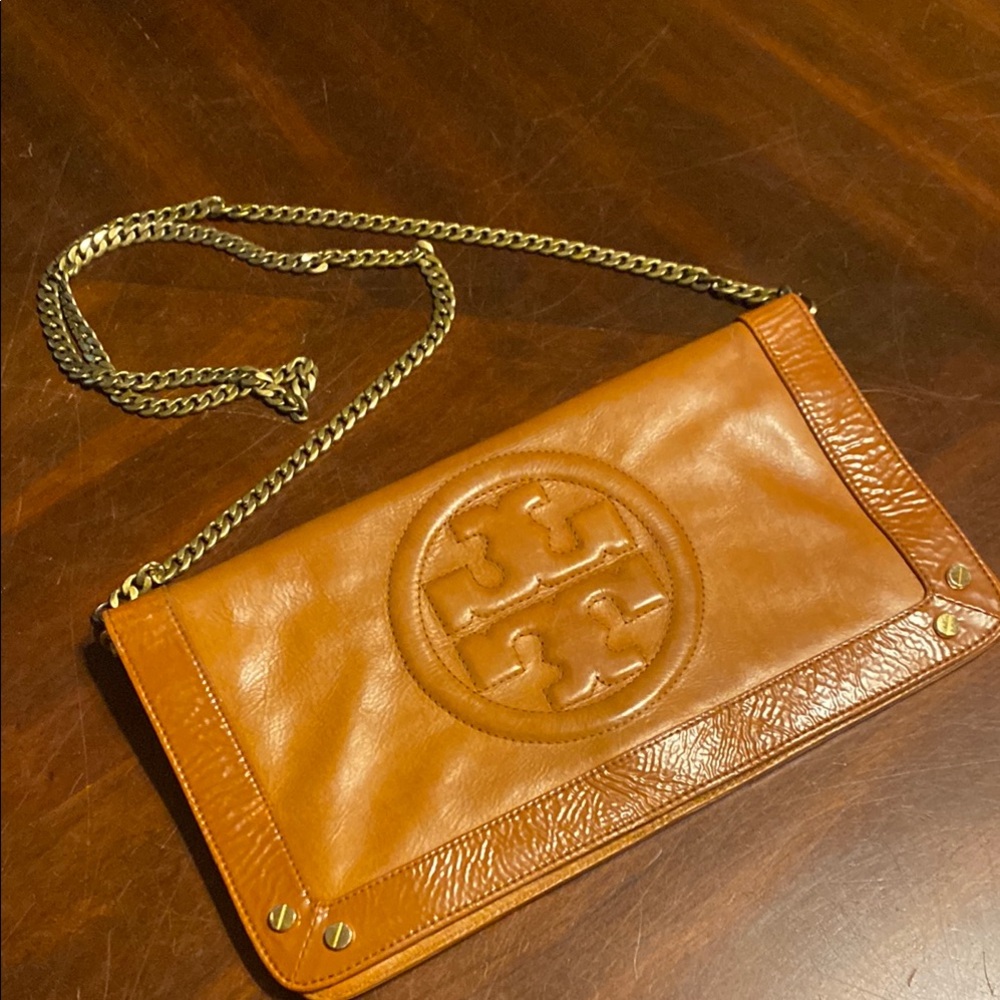 Tory Burch Cognac Leather Logo Chain Crossbody